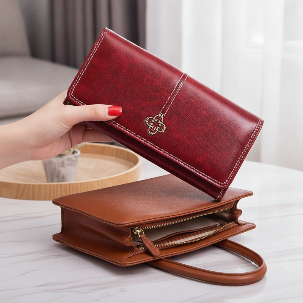 Cartera Larga Elegante Efecto Piel Encerada para Mujer