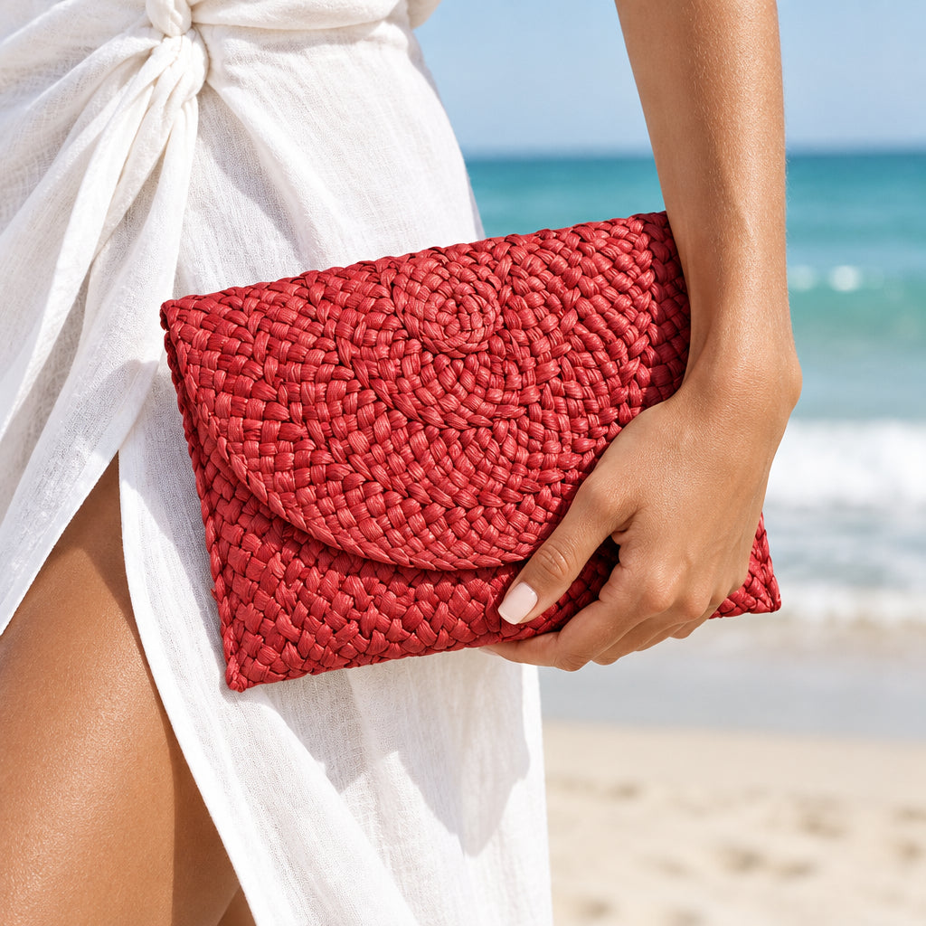 Bolso Rojo de Paja Natural Tejido para Verano