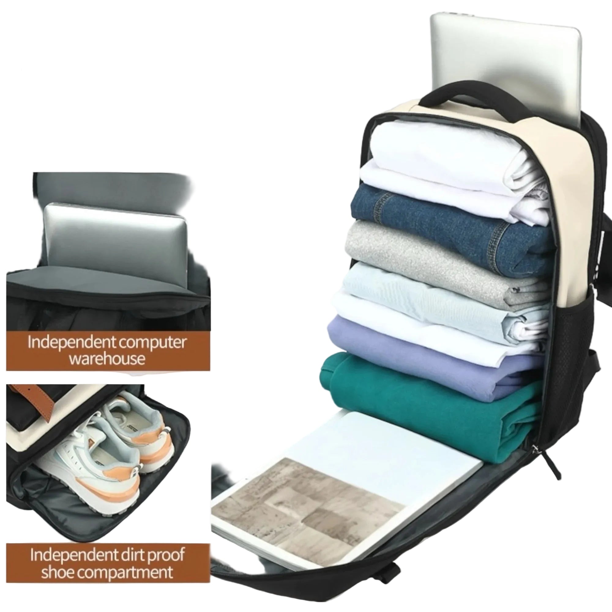 Mochila de Viaje Negro y Beige 43x30x18: Diseño Elegante sin Cargos Extra