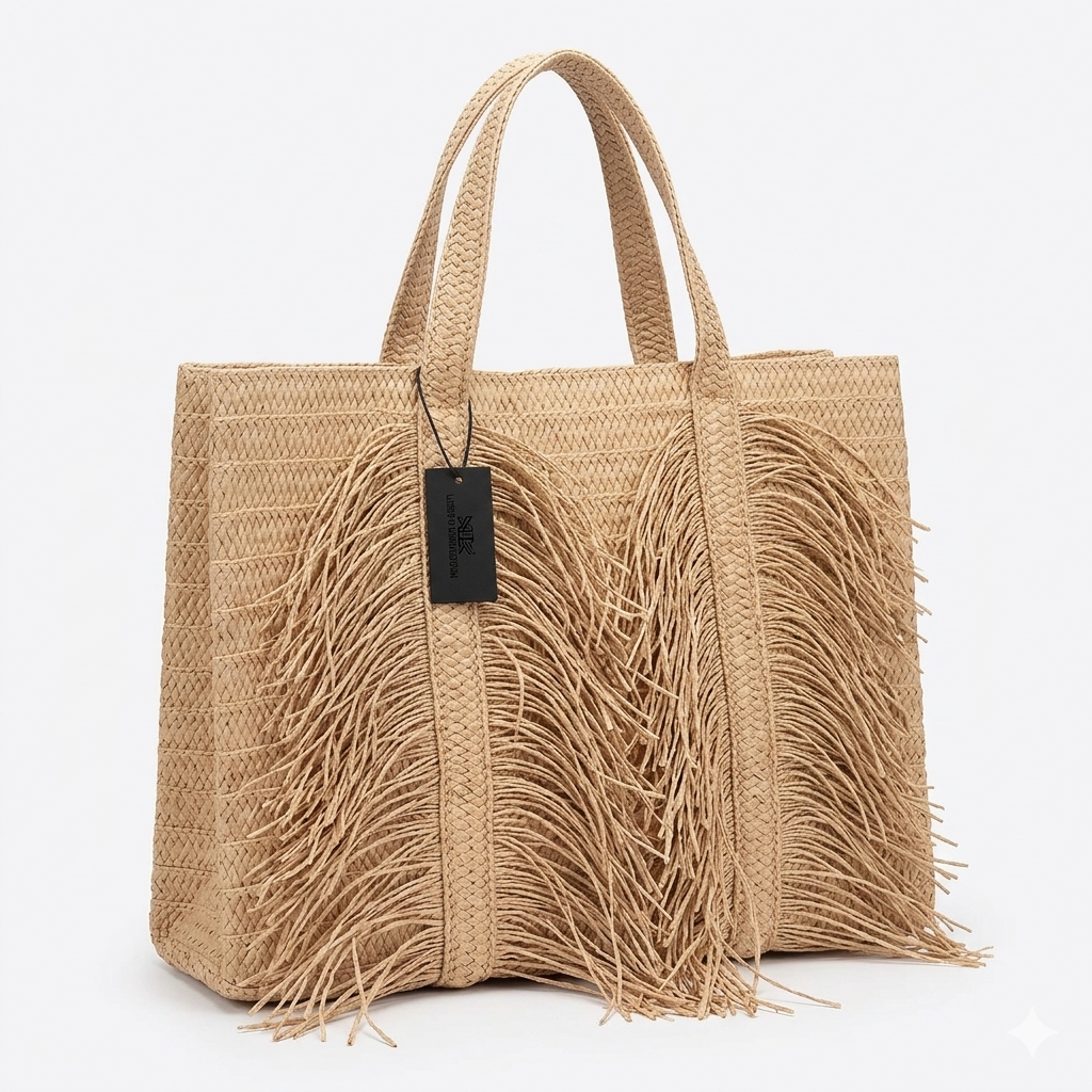Bolso Satchel de Paja Tejida – Estilo Boho Chic con Borlas y Organización Premium