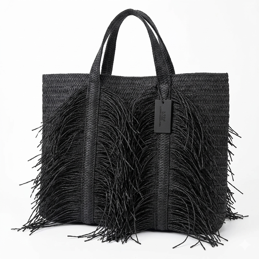 Bolso Satchel de Paja Negra – Elegancia Boho con Detalles de Borlas y Gran Organización