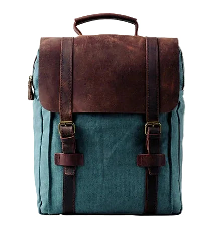 Mochila Vintage Azul de Lona Militar y Cuero – Estilo Casual Refinado