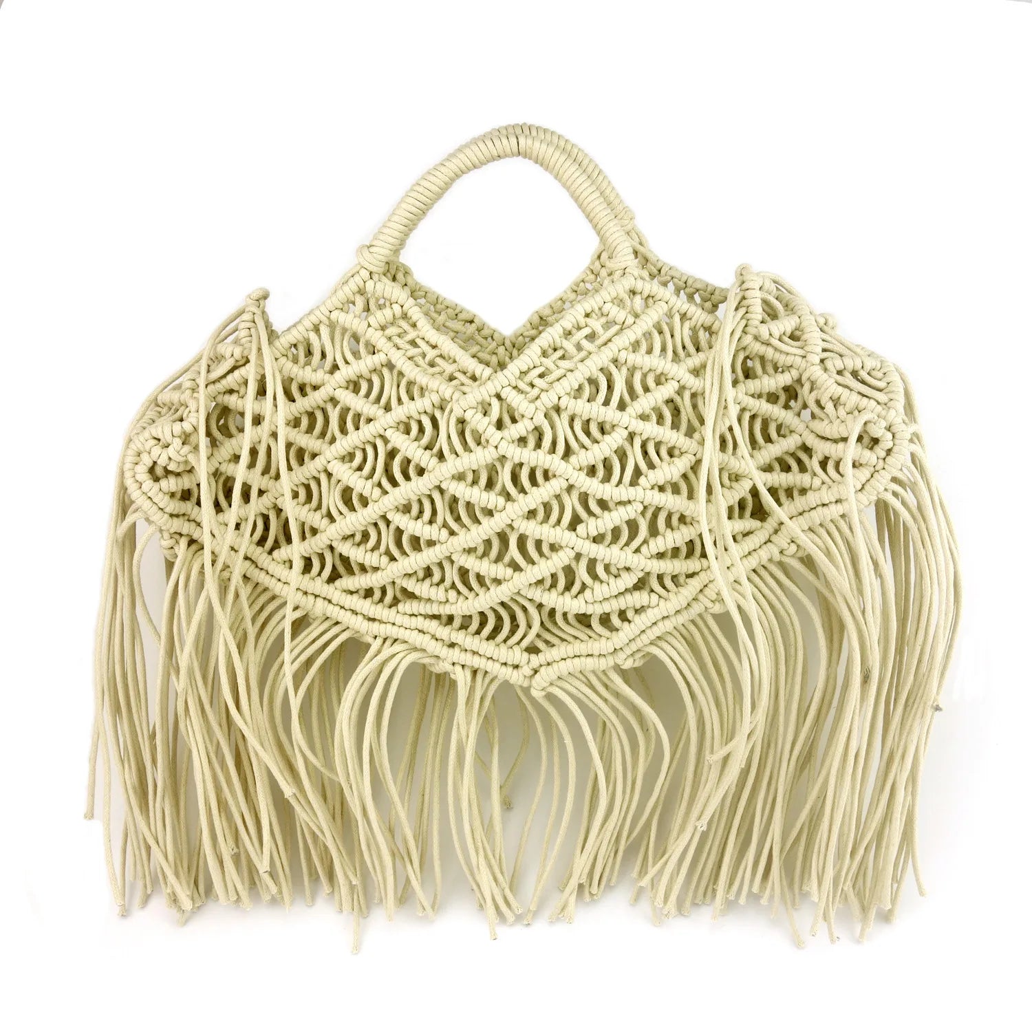 Bolso Tote Bali Blanco – Paja Calada Artesanal, Borlas y Estilo Boho Chic