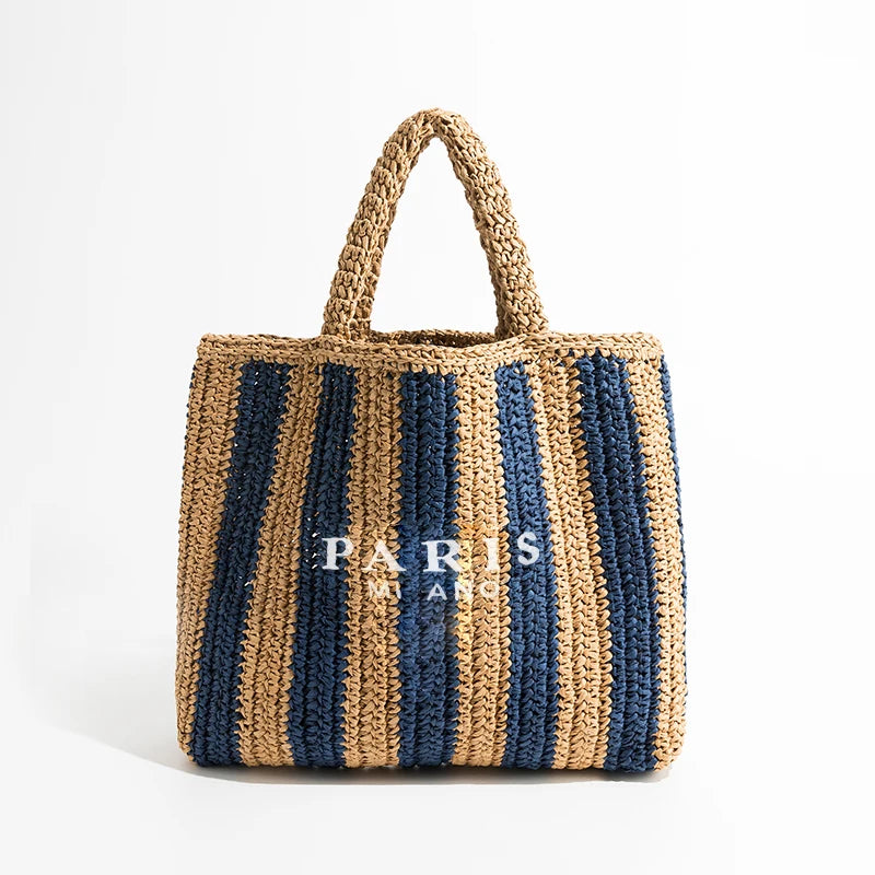 Bolso Tote de Rafia en Crochet – Diseño de Rayas y Gran Capacidad Artesanal