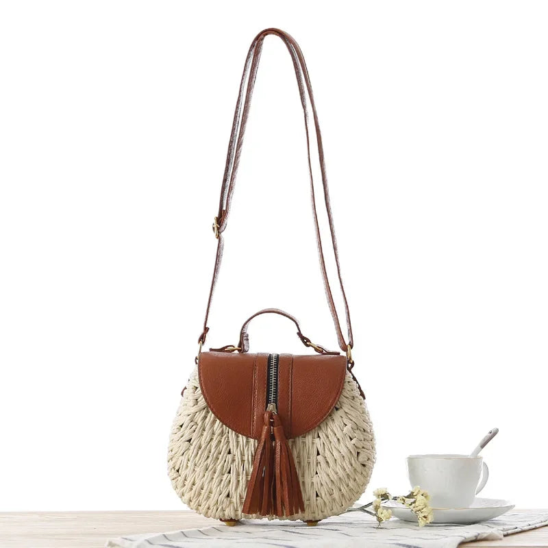 Bolso Bandolera de Rafia Tejida con Flecos para Mujer