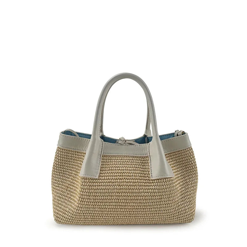 Bolso de Mano en Rafia Blanca y Piel – Elegancia Reversible para Verano