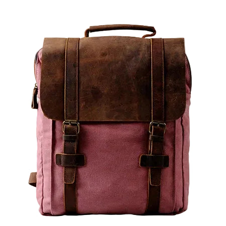 Mochila Vintage Large de Lona Militar y Cuero Rosa – Estilo Distintivo y Gran Capacidad