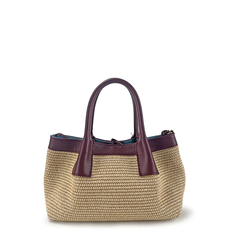 Bolso de Rafia y Cuero Color Vino – Diseño Reversible Elegante y Exclusivo