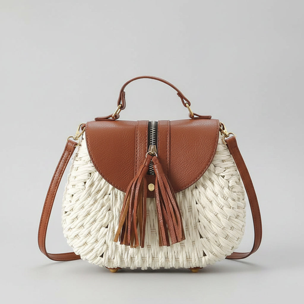 Bolso Bandolera de Rafia Tejida con Flecos para Mujer