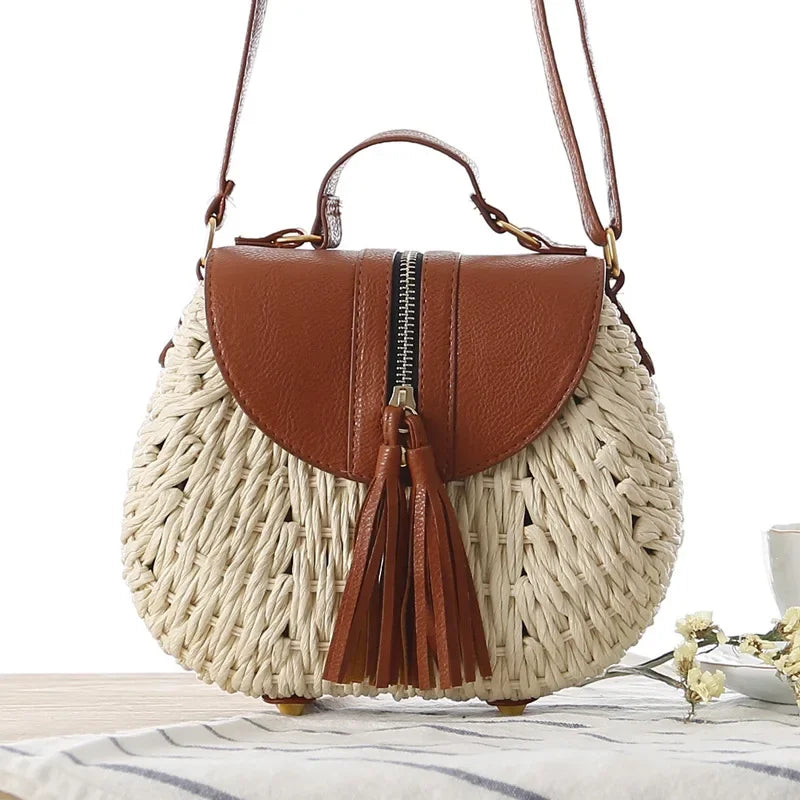 Bolso Bandolera de Rafia Tejida con Flecos para Mujer