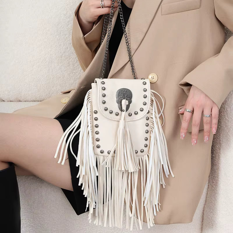 Bolso para Móvil de PU con Cadenas y Flecos – Estilo Vintage Punk Chic
