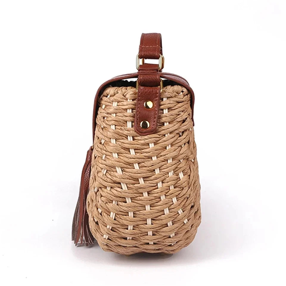 Bolso Bandolera de Rafia Tejida con Flecos para Mujer