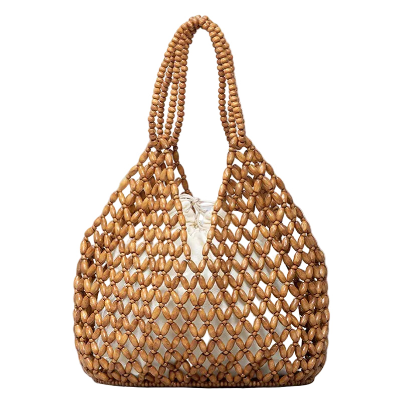 Bolso Bucket Artesanal de Cuentas de Madera – Diseño Calado y Estilo Boho Chic