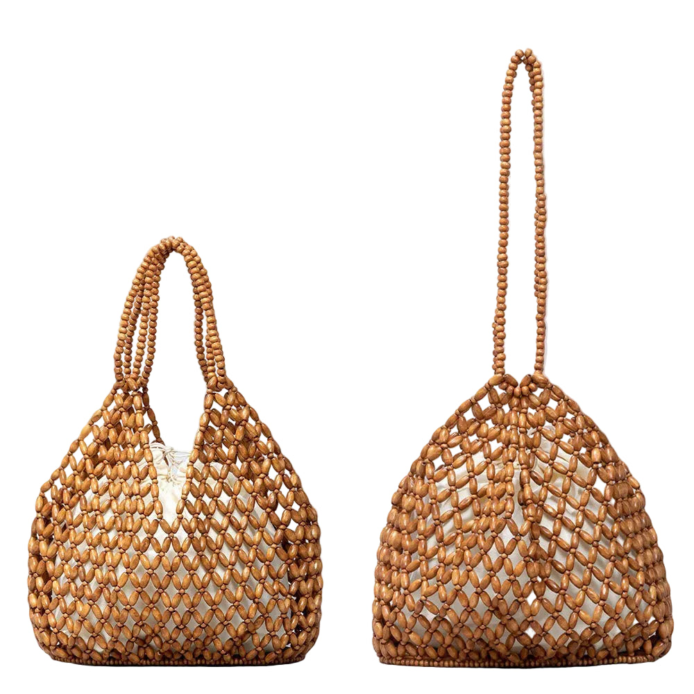 Bolso Bucket Artesanal de Cuentas de Madera – Diseño Calado y Estilo Boho Chic