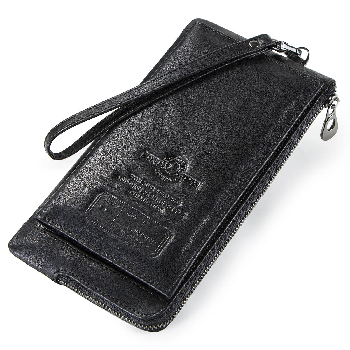 Cartera Larga de Piel Genuina con Muñequera para Hombre - Negro