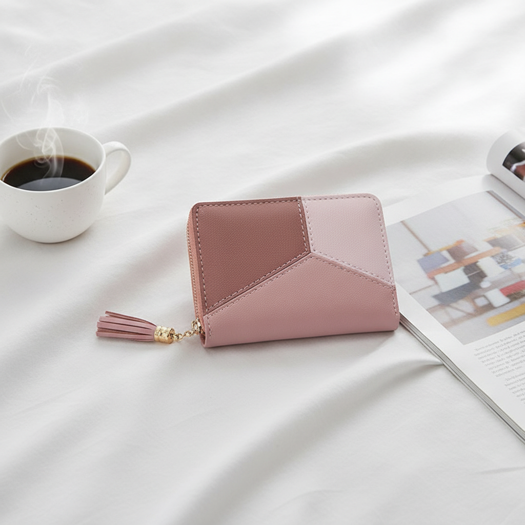 Cartera Corta Patchwork con Borla para Mujer
