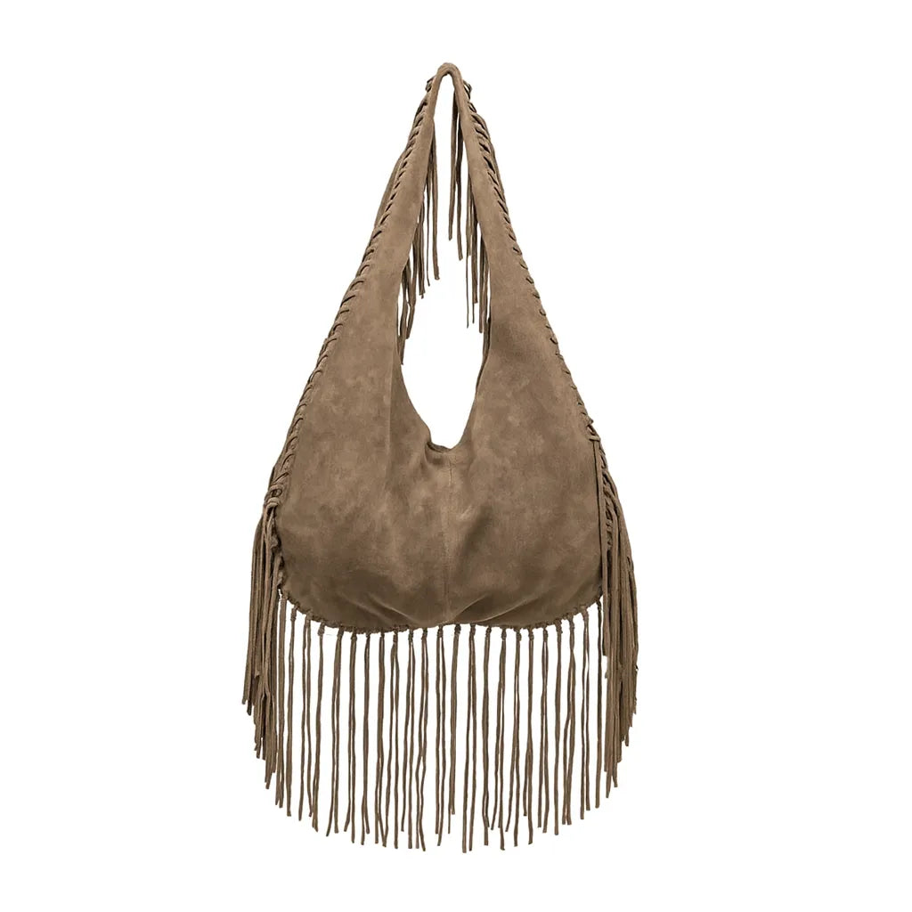 Bolso Flecos Half Moon Café de Gamuza Sintética – Chic y Versátil