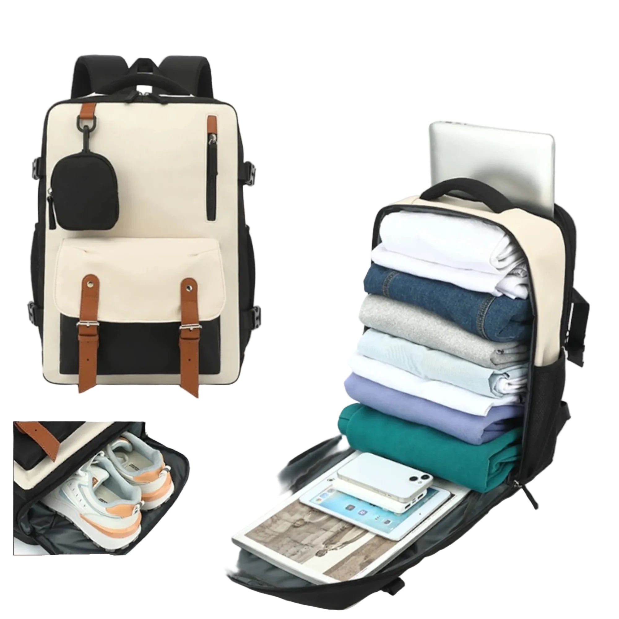 Mochila de Viaje Negro y Beige 43x30x18: Diseño Elegante sin Cargos Extra