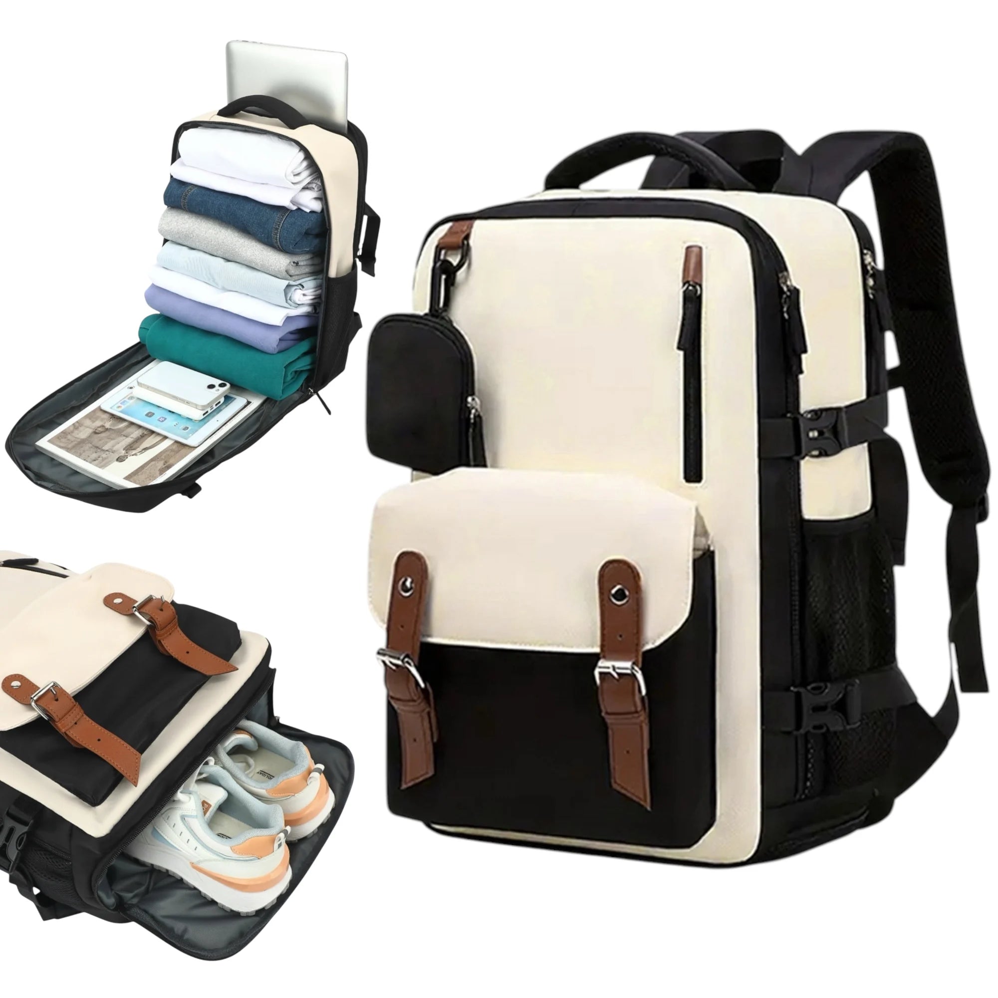 Mochila de Viaje Negro y Beige 43x30x18: Diseño Elegante sin Cargos Extra