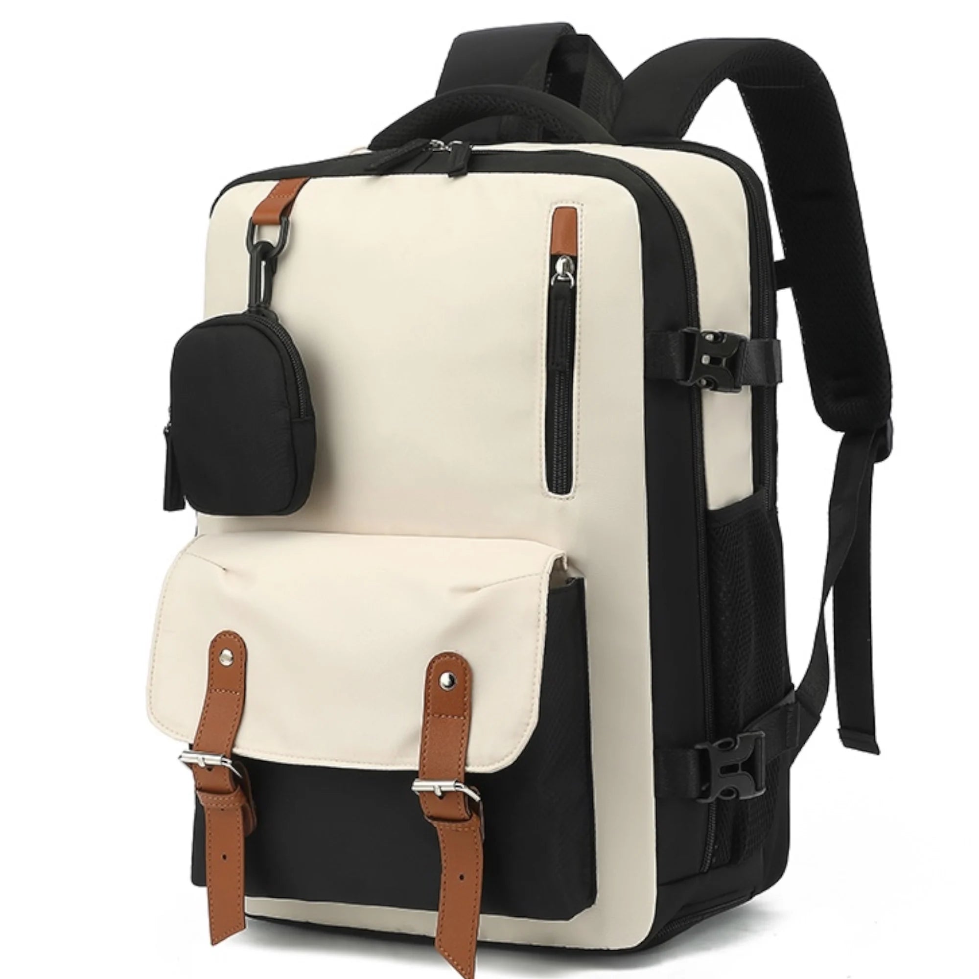 Mochila de Viaje Negro y Beige 43x30x18: Diseño Elegante sin Cargos Extra
