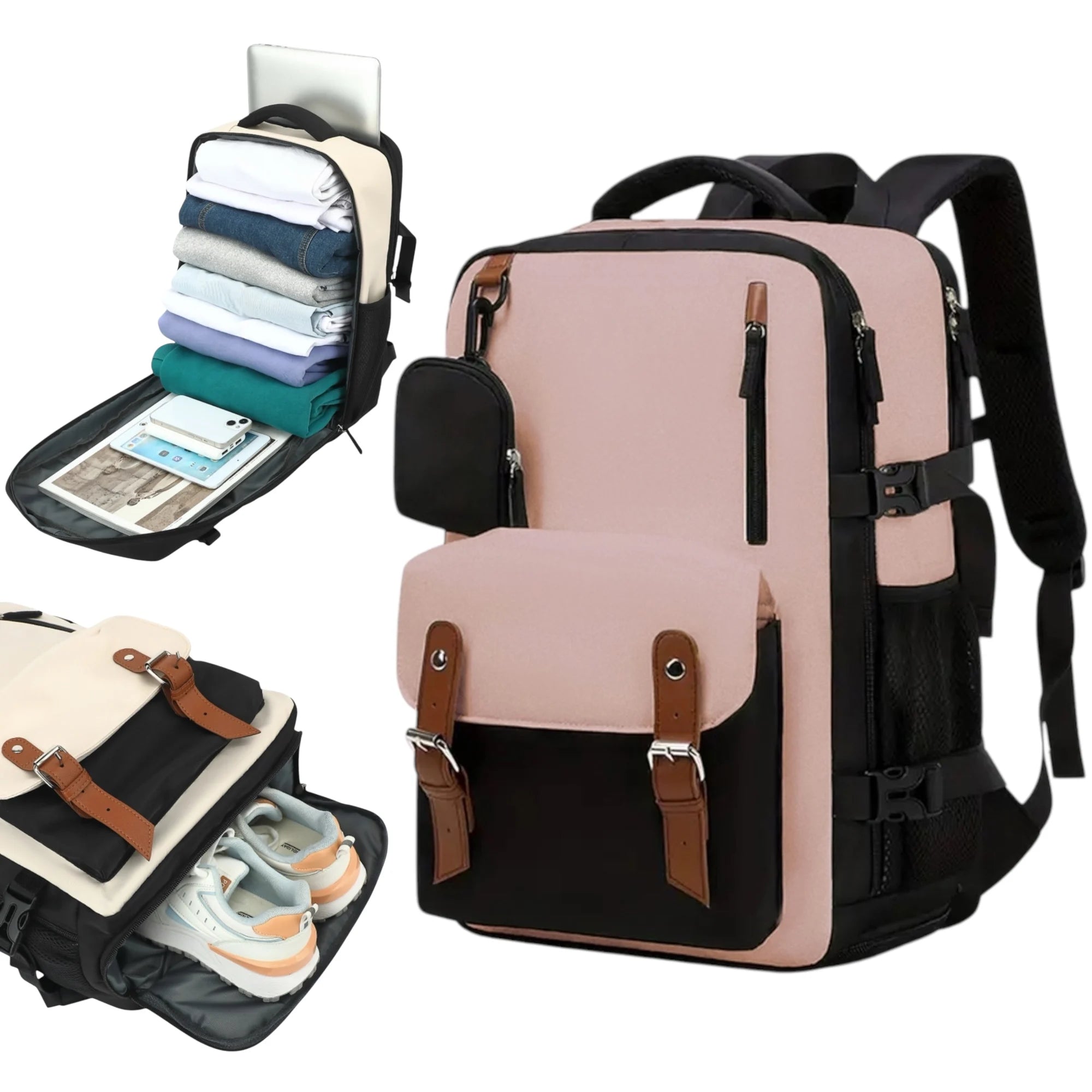 Mochila de Viaje Negro y Rosa 43x30x18: Viaja con Estilo Moderno sin Cargos Extra