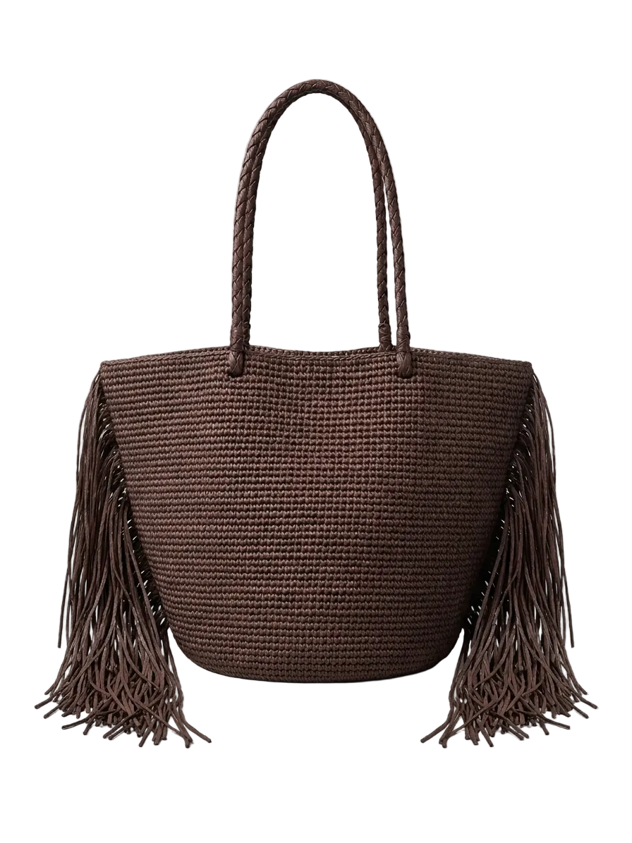 Bolso Tote XL de Paja Tejida – Diseño con Flecos Laterales y Estilo Boho Chic