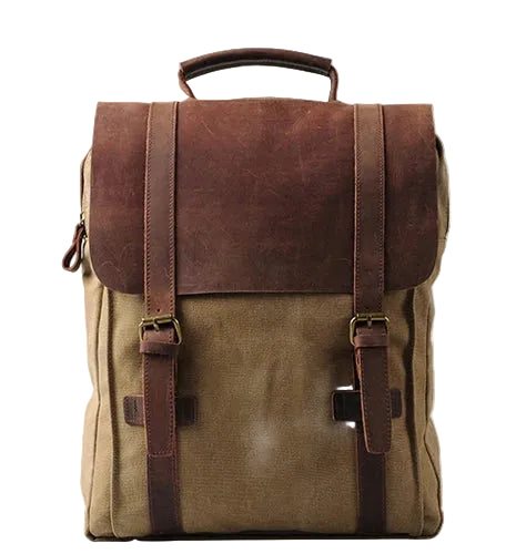 Mochila Vintage de Lona Militar Caqui y Cuero – Estilo Outdoor Clásico