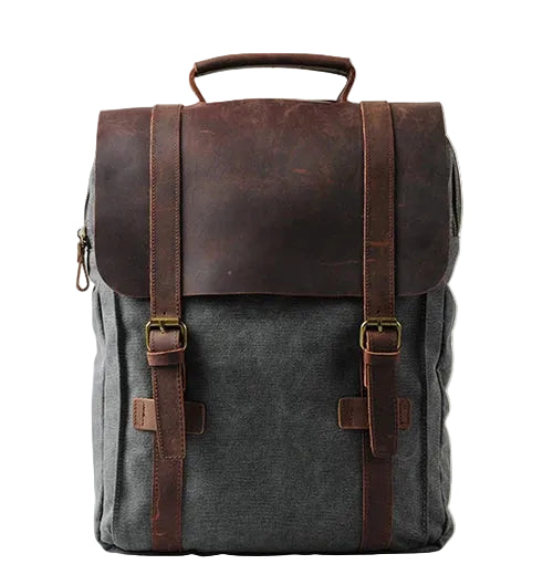 Mochila Vintage de Lona Militar y Cuero Gris – Elegancia Urbana y Funcionalidad