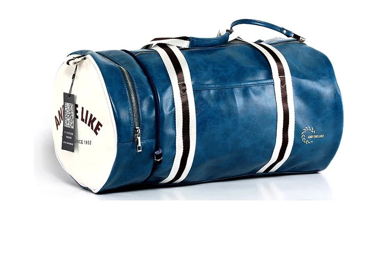 Bolsa de Deporte Cilíndrica en Cuero Azul Marino – Unisex