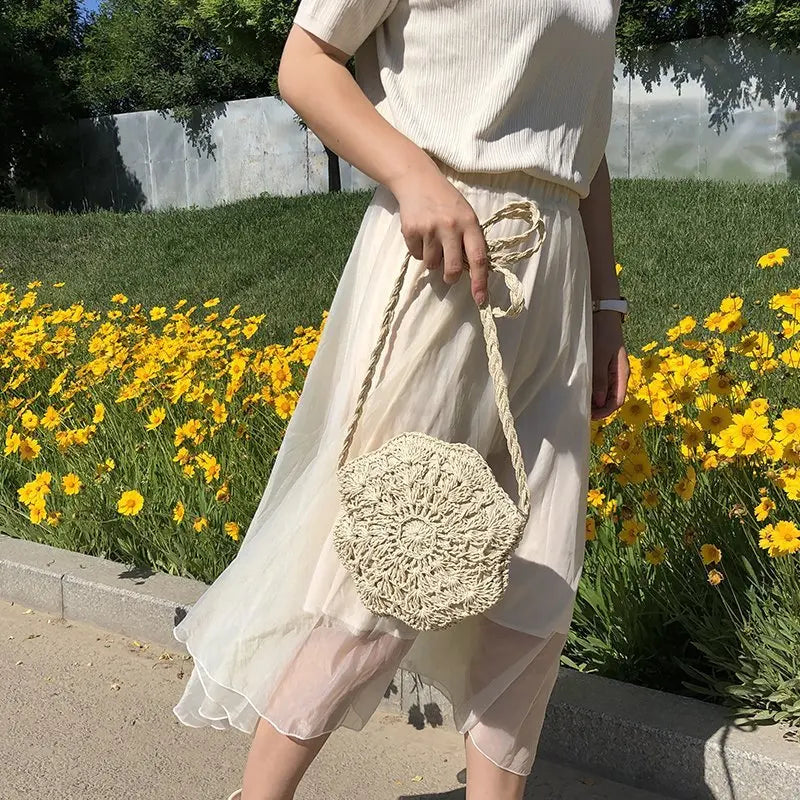 Bolso Bandolera Redondo de Rafia Boho para Playa