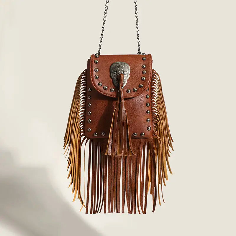 Bolso para Móvil de PU con Cadenas y Flecos – Estilo Vintage Punk Chic