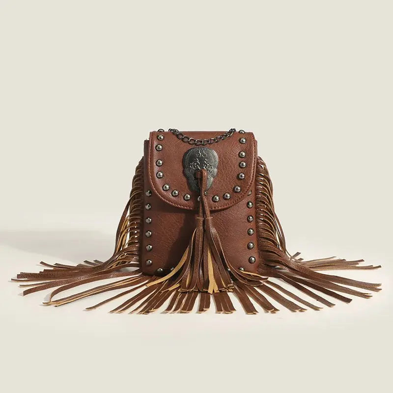 Bolso para Móvil de PU con Cadenas y Flecos – Estilo Vintage Punk Chic