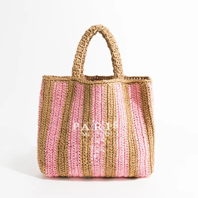Bolso Tote de Rafia en Crochet – Diseño de Rayas y Gran Capacidad Artesanal