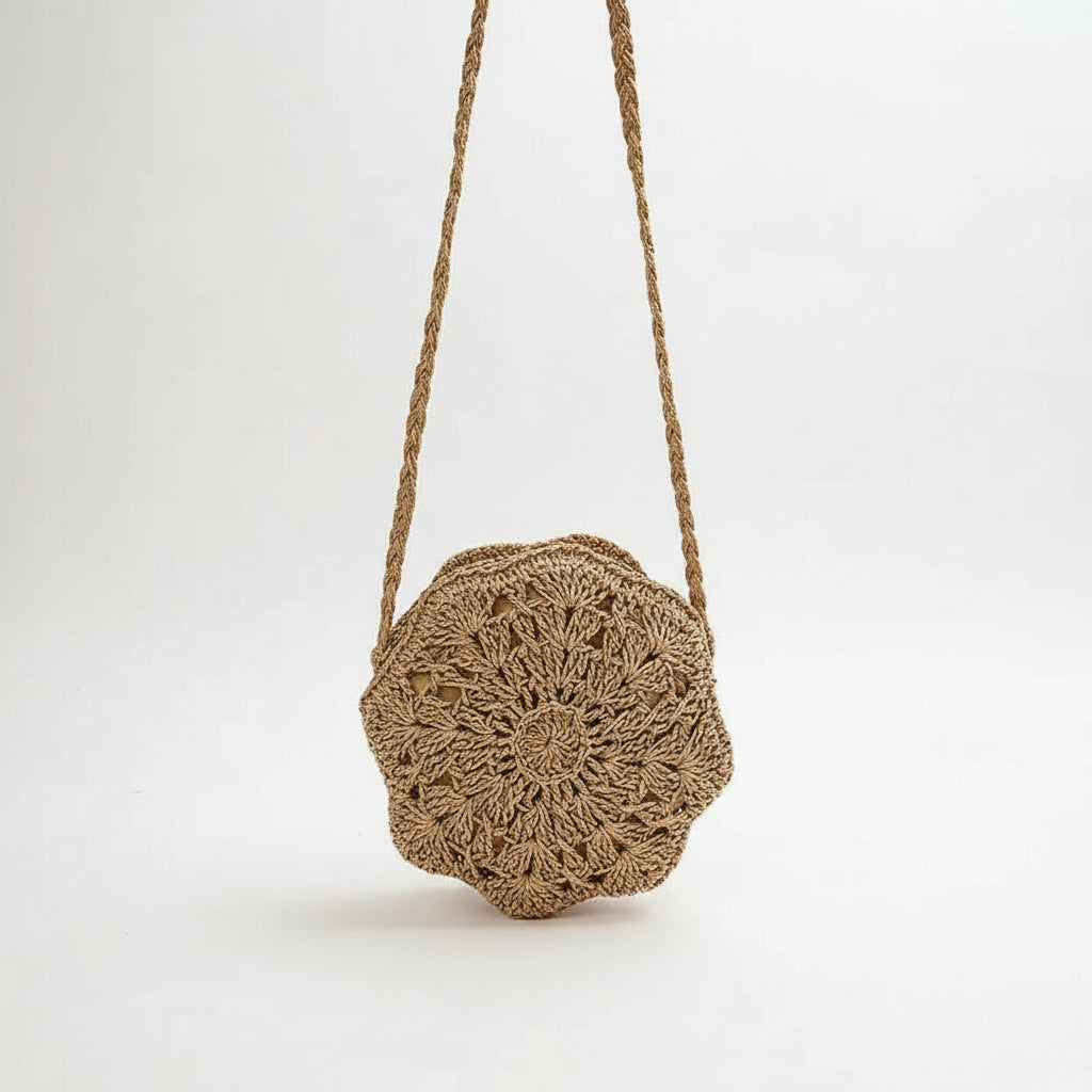 Bolso Bandolera Redondo de Rafia Boho para Playa