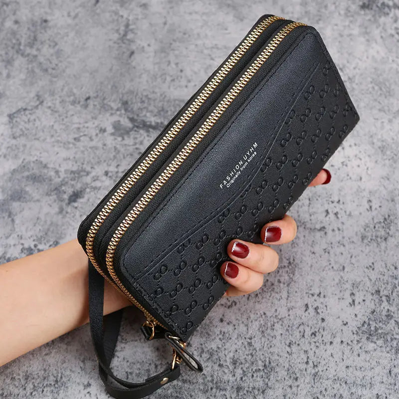 Cartera de Mano con Doble Cremallera y Muñequera para Mujer - Negro