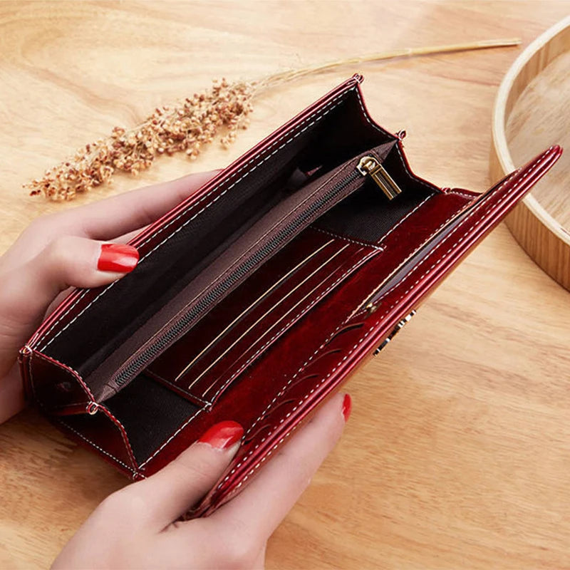 Cartera Larga Elegante Efecto Piel Encerada para Mujer