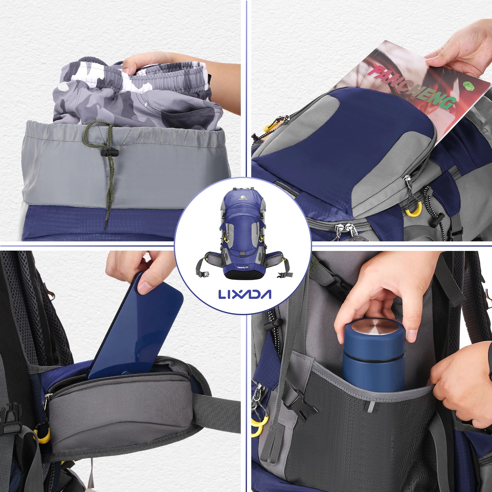 Mochila Outdoor LIXADA 60L Azul – Gran Capacidad y Máximo Confort