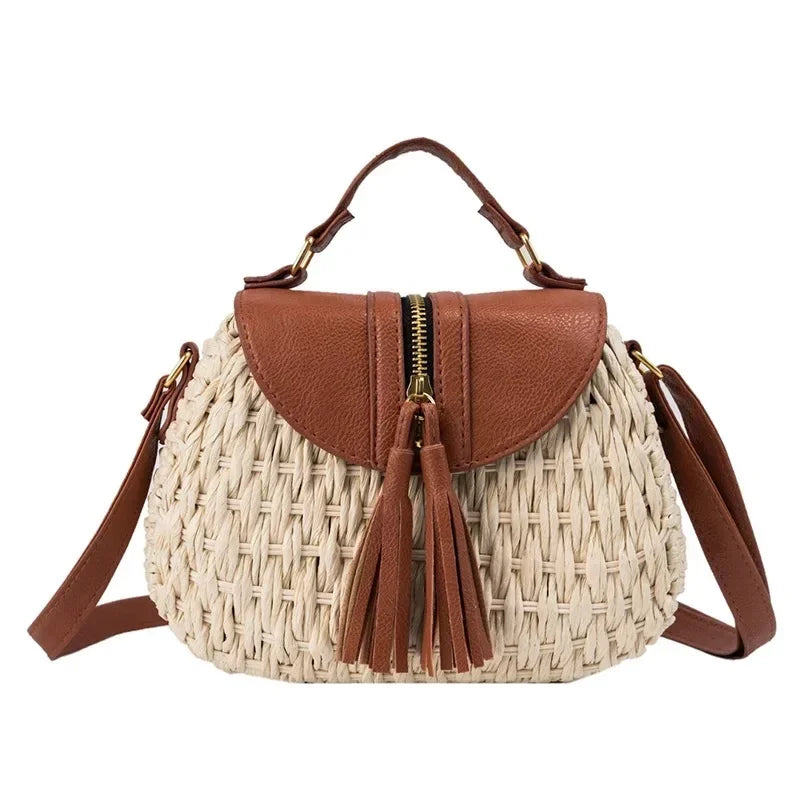 Bolso Bandolera de Rafia Tejida con Flecos para Mujer