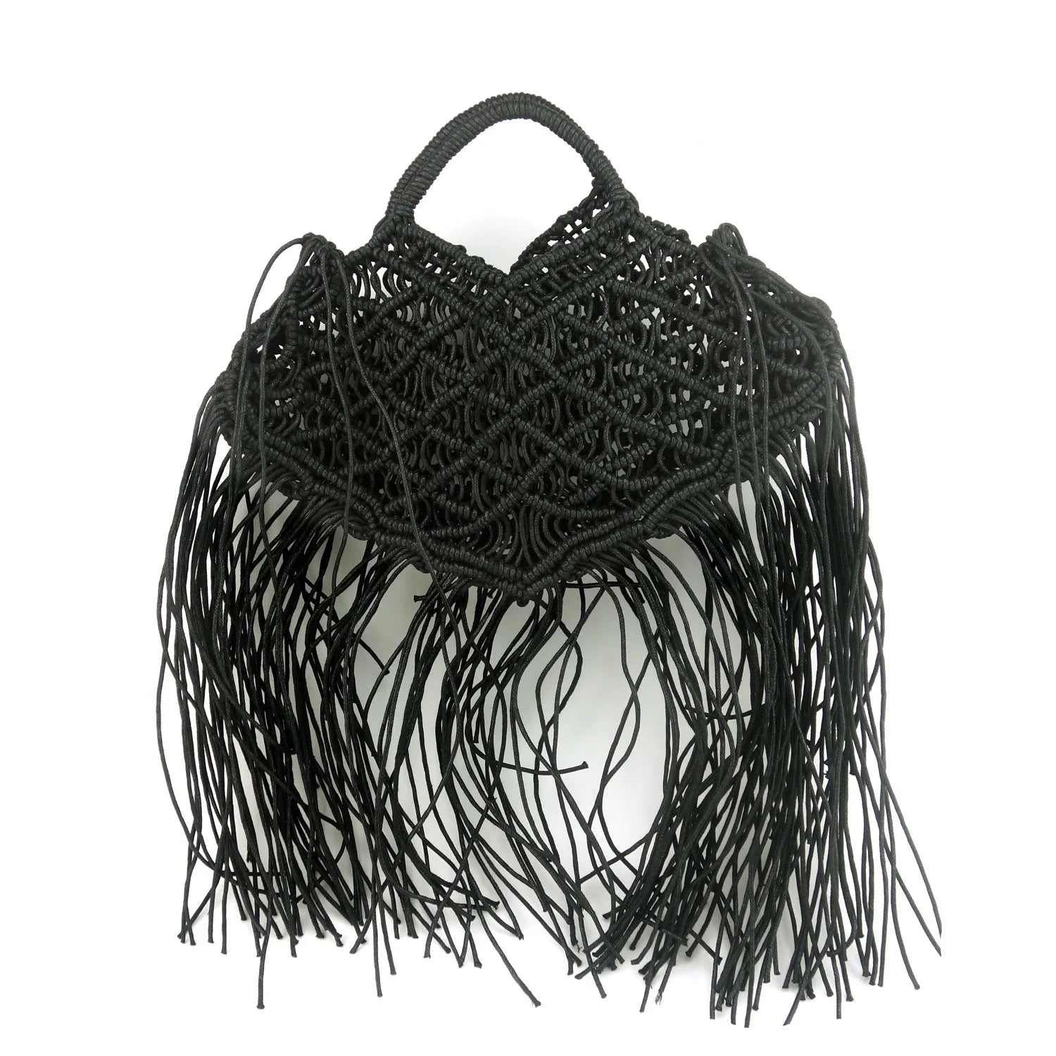 Bolso Tote Bali Negro – Diseño de Paja Calada con Borlas y Estilo Boho Urbano