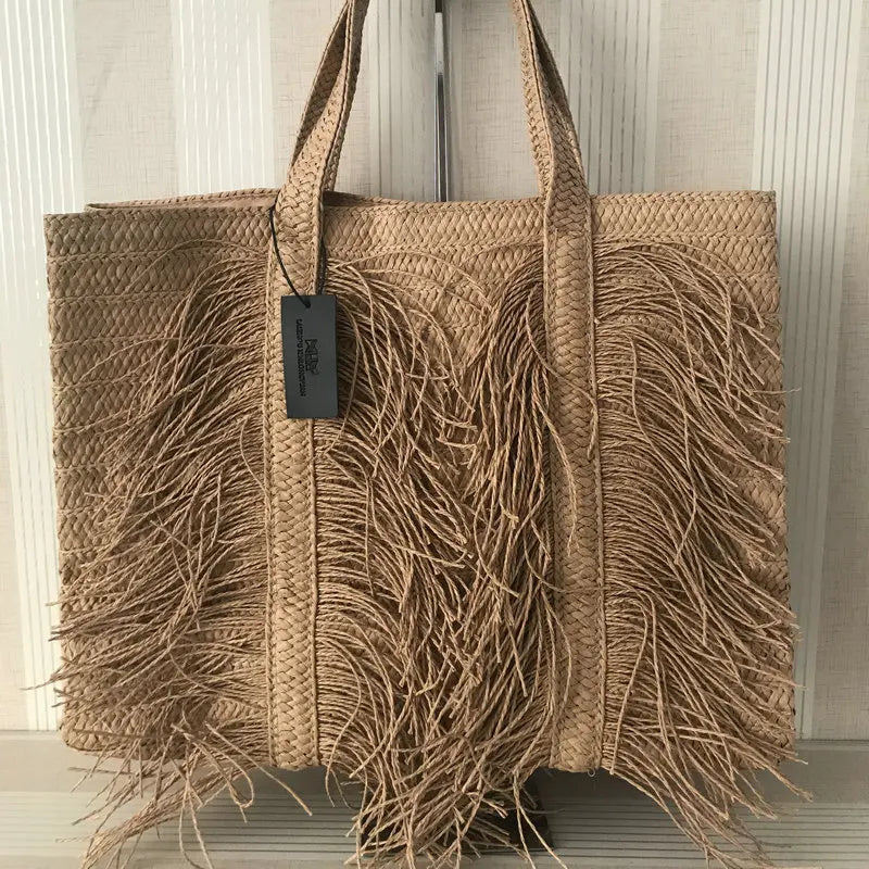 Bolso Satchel de Paja Tejida – Estilo Boho Chic con Borlas y Organización Premium