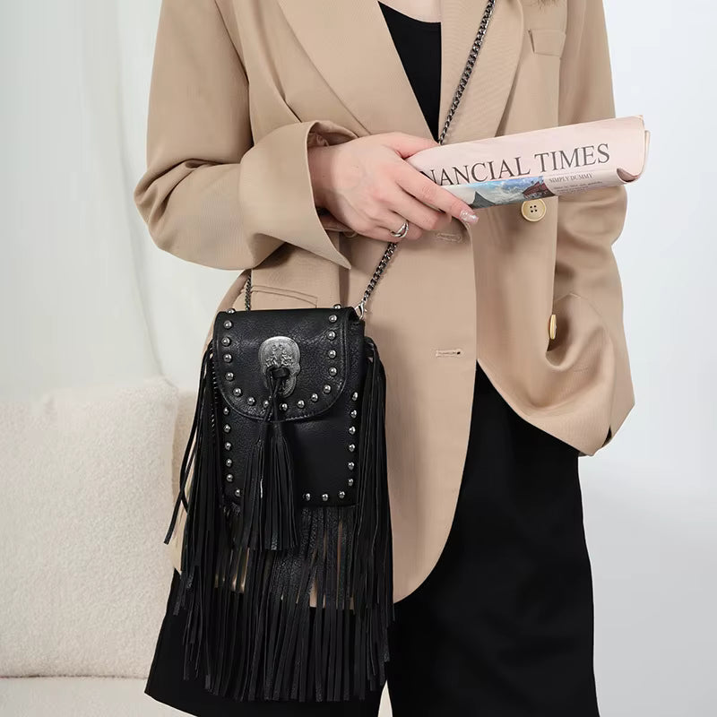 Bolso para Móvil de PU con Cadenas y Flecos – Estilo Vintage Punk Chic
