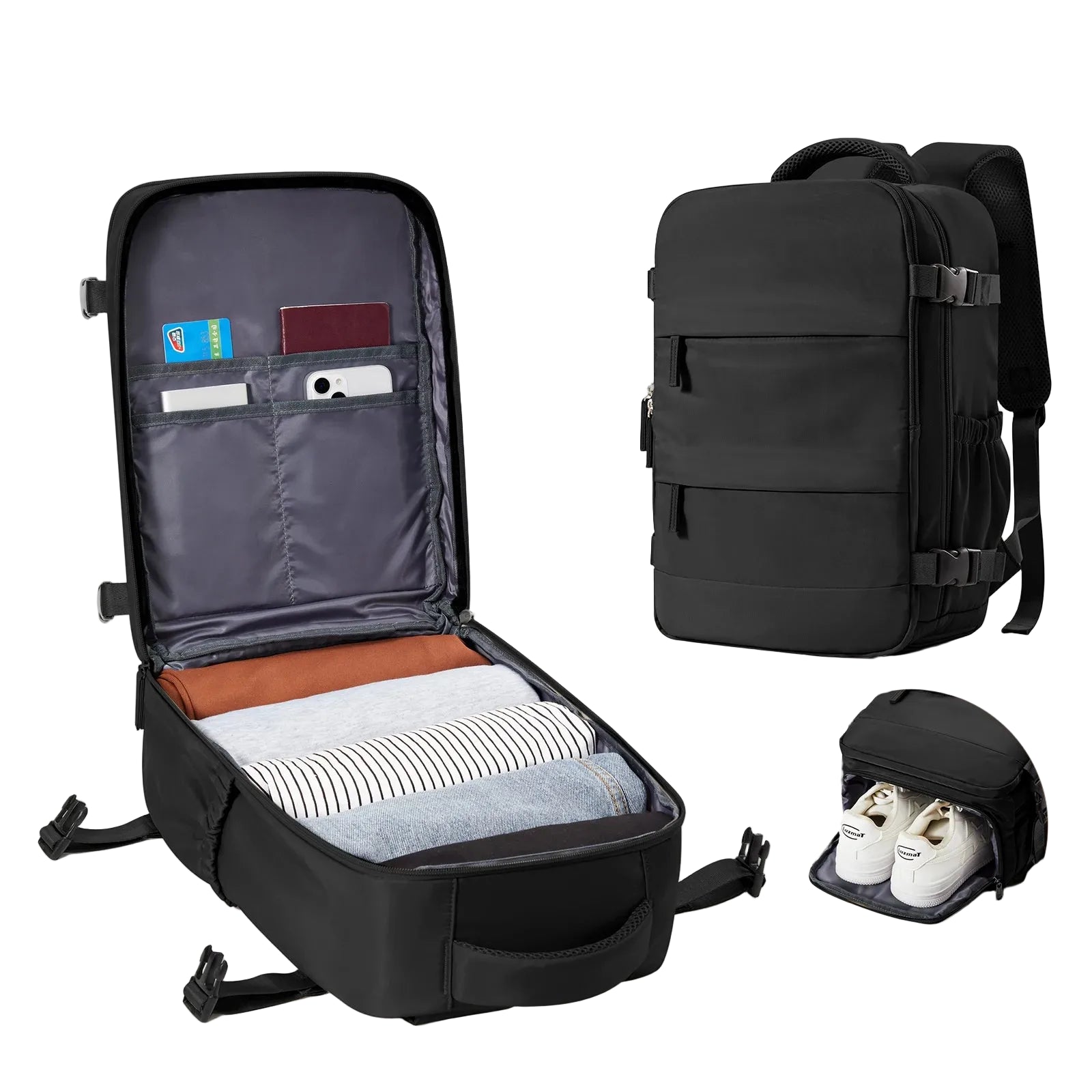 Mochila de Viaje Cabina de Nailon Negra – Elegancia Urbana y Máxima Funcionalidad